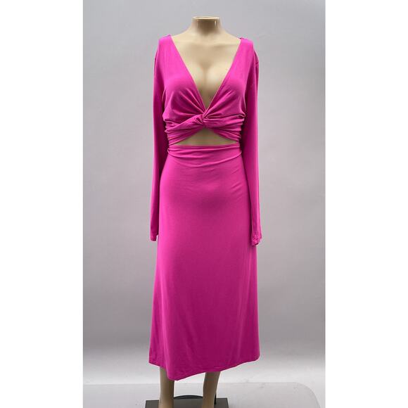 Old Navy Dress Women 2X Raspberry Pink Twist Front Cutout Midi L/S Cocktail NEW - Picture 1 of 10